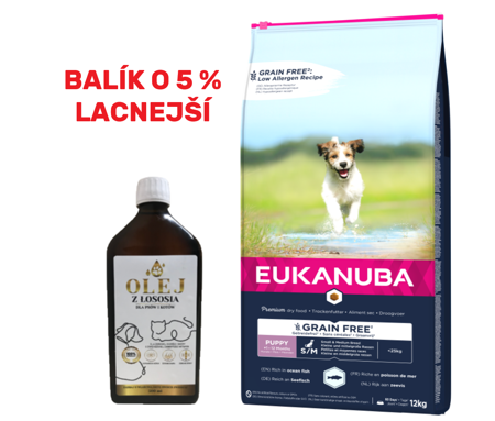EUKANUBA Puppy&Junior Small/Medium Grain Free 12kg + Lososový olej obohatený o vitamíny 500ml -5% 